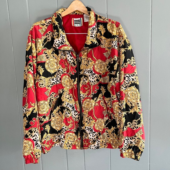 EVR Vintage Silk Bomber Jacket 2X Leopard Baroque Print‎ Red Gold Black VTG 90s - Picture 1 of 9